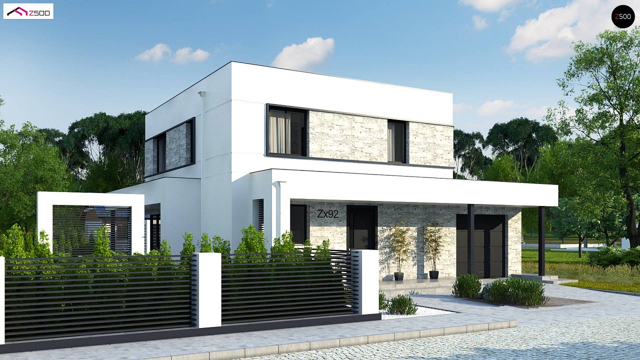 Лучший проект двухэтажного дома до 150 м2 в стиле хайтек с гаражом Zx92 GP