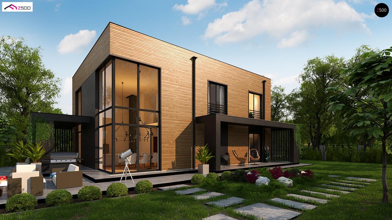 Лучший проект двухэтажного дома 197 м2 в стиле хайтек с плоской кровлей, вторым светом и панорамными окнами Zx93
